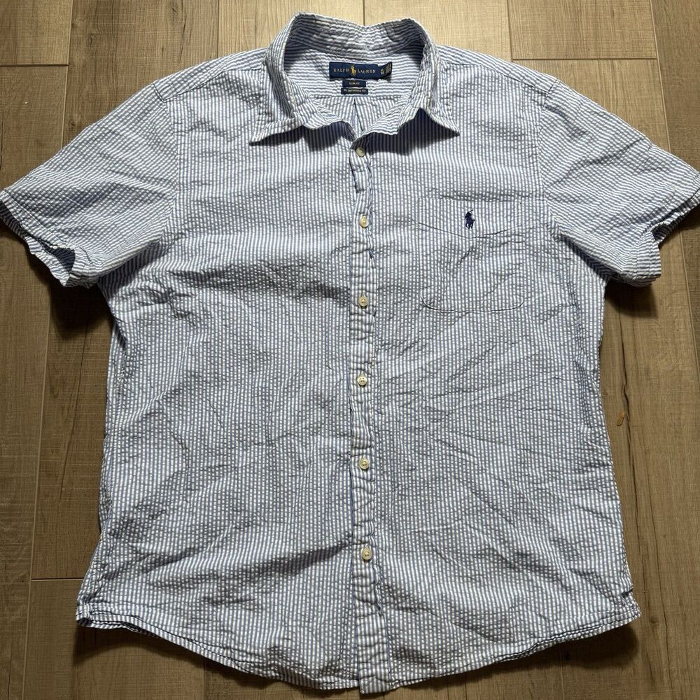 Ralph Lauren Men’s XL Slim Fit RL Untucked Fit Seersucker Short Sleeve Button Up